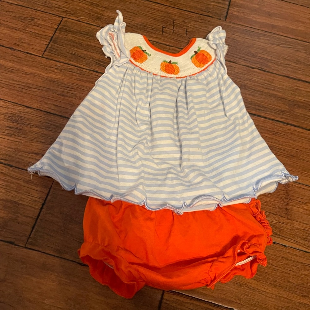 Smocking Dog Striped Blue and Orange Set with smocked Pumpkin design